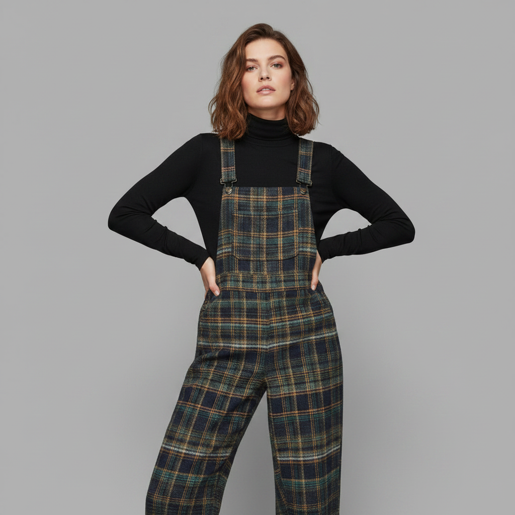 Retro Blue Plaid Overalls for Women | Wide-Leg Casual Wear