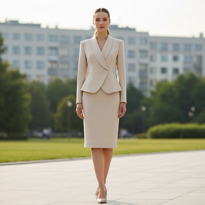 Beige Lapel Suit | Women's Pant Suit with Pencil Skirt