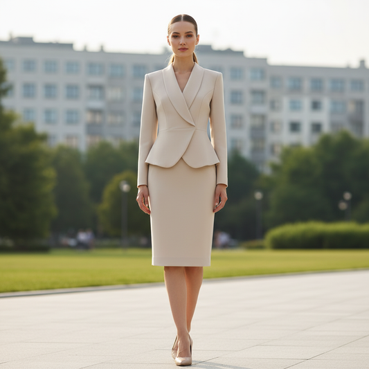 Beige Lapel Suit | Women's Pant Suit with Pencil Skirt