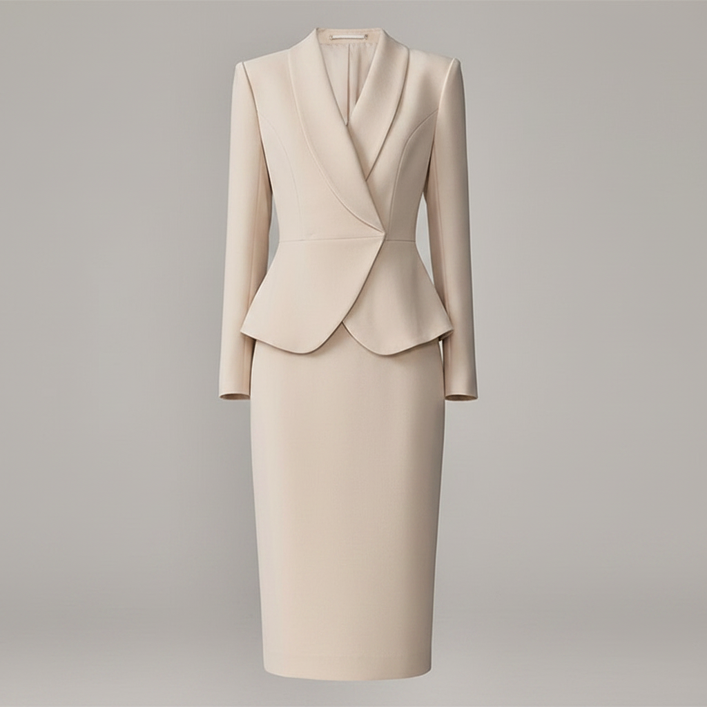Beige Lapel Suit | Women's Pant Suit with Pencil Skirt