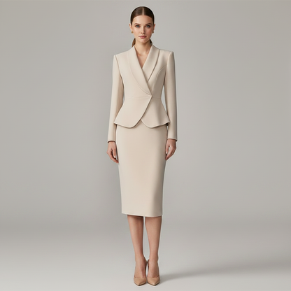 Beige Lapel Suit | Women's Pant Suit with Pencil Skirt