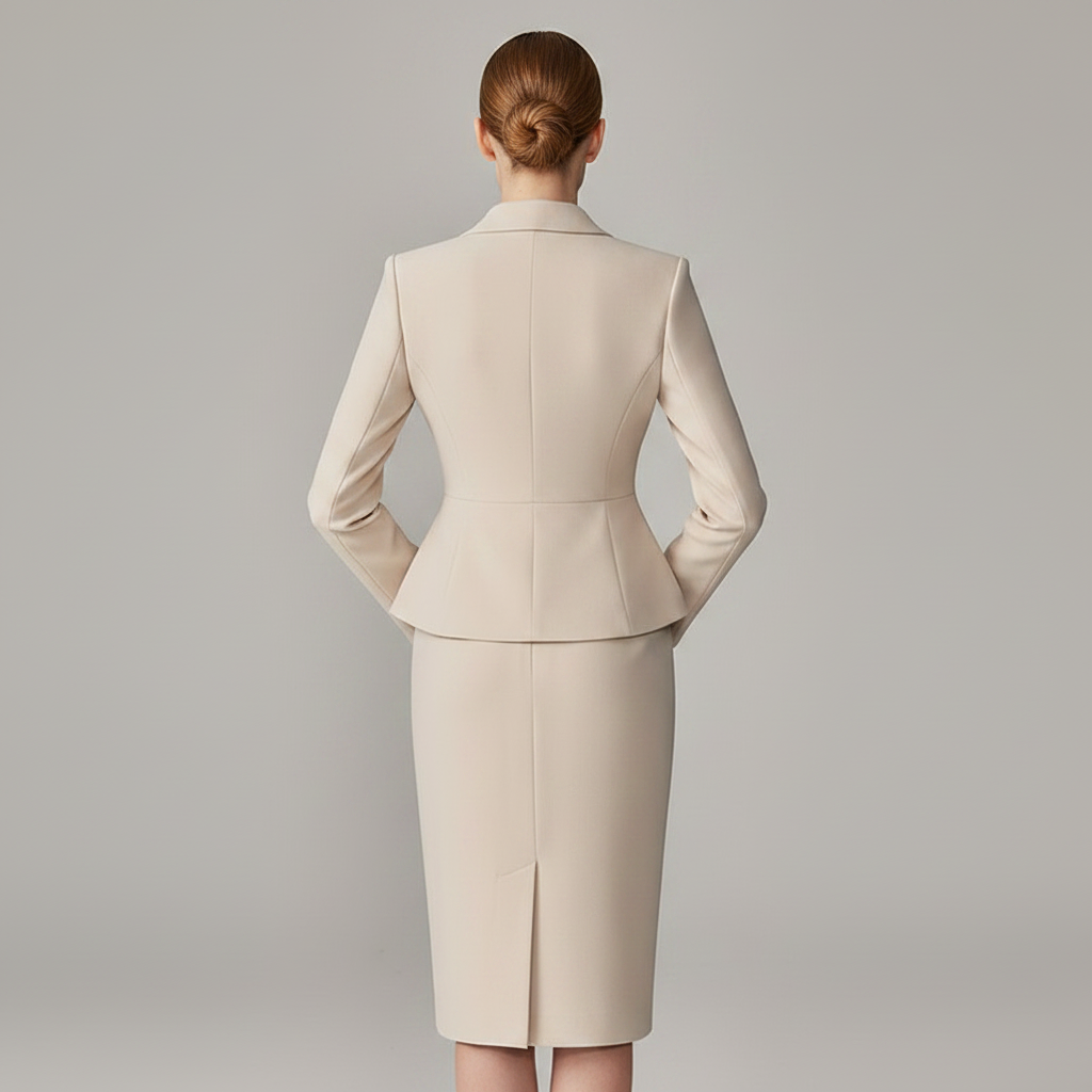 Beige Lapel Suit | Women's Pant Suit with Pencil Skirt