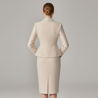 Beige Lapel Suit | Women's Pant Suit with Pencil Skirt