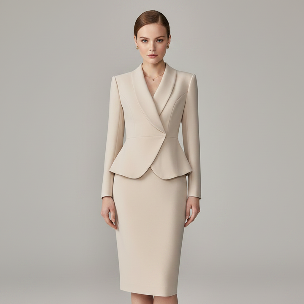 Beige Lapel Suit | Women's Pant Suit with Pencil Skirt