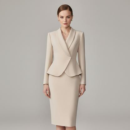 Beige Lapel Suit | Women's Pant Suit with Pencil Skirt