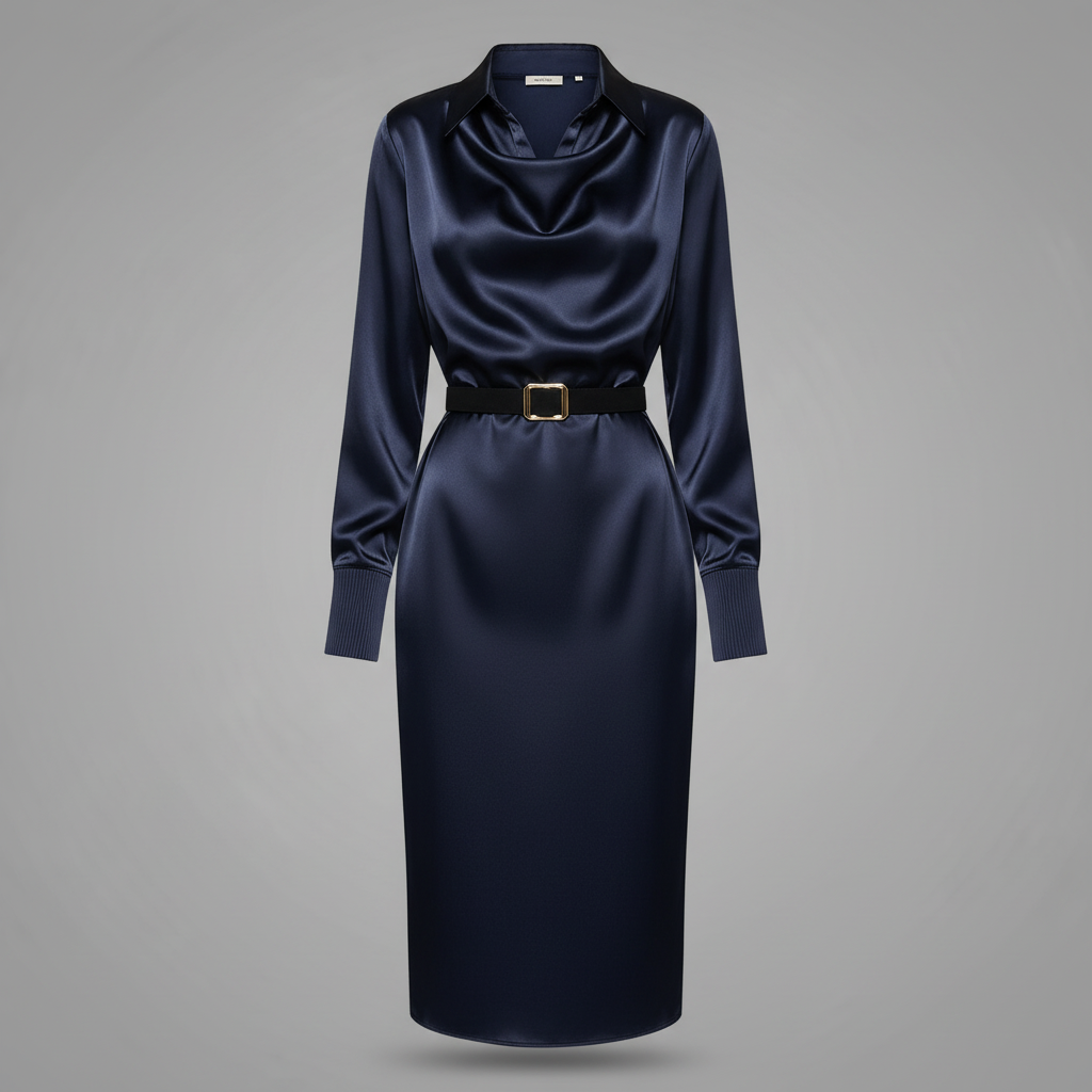 Deep Navy Satin Midi Dress | Women's Formal Cocktail Dress