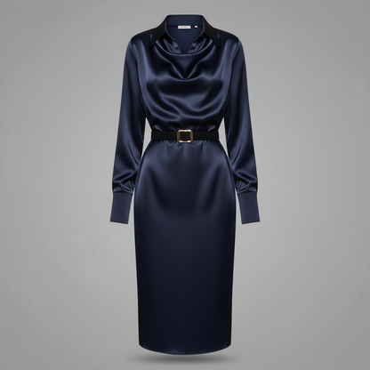 Deep Navy Satin Midi Dress | Women's Formal Cocktail Dress