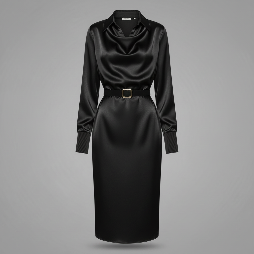 Deep Navy Satin Midi Dress | Women's Formal Cocktail Dress