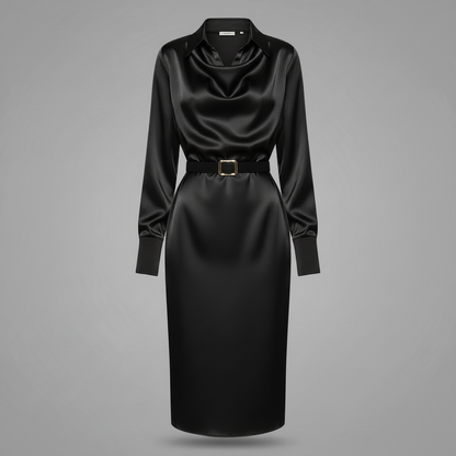 Deep Navy Satin Midi Dress | Women's Formal Cocktail Dress