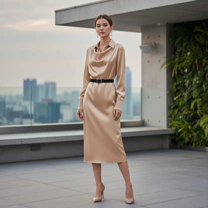 Deep Navy Satin Midi Dress | Women's Formal Cocktail Dress