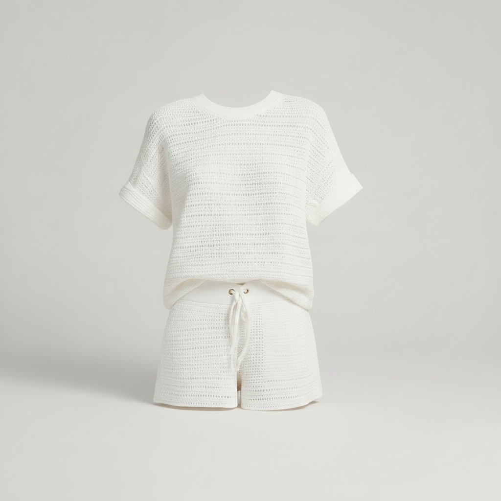 Hollow Knit Women's Set | Loungewear Two Piece Set in White