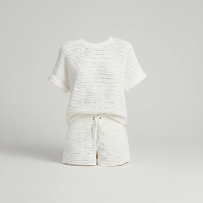 Hollow Knit Women's Set | Loungewear Two Piece Set in White