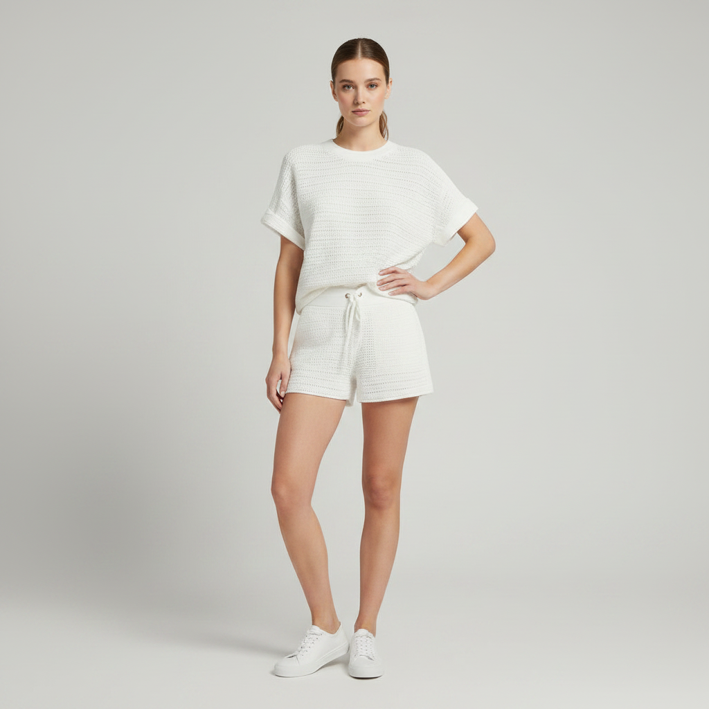 Hollow Knit Women's Set | Loungewear Two Piece Set in White