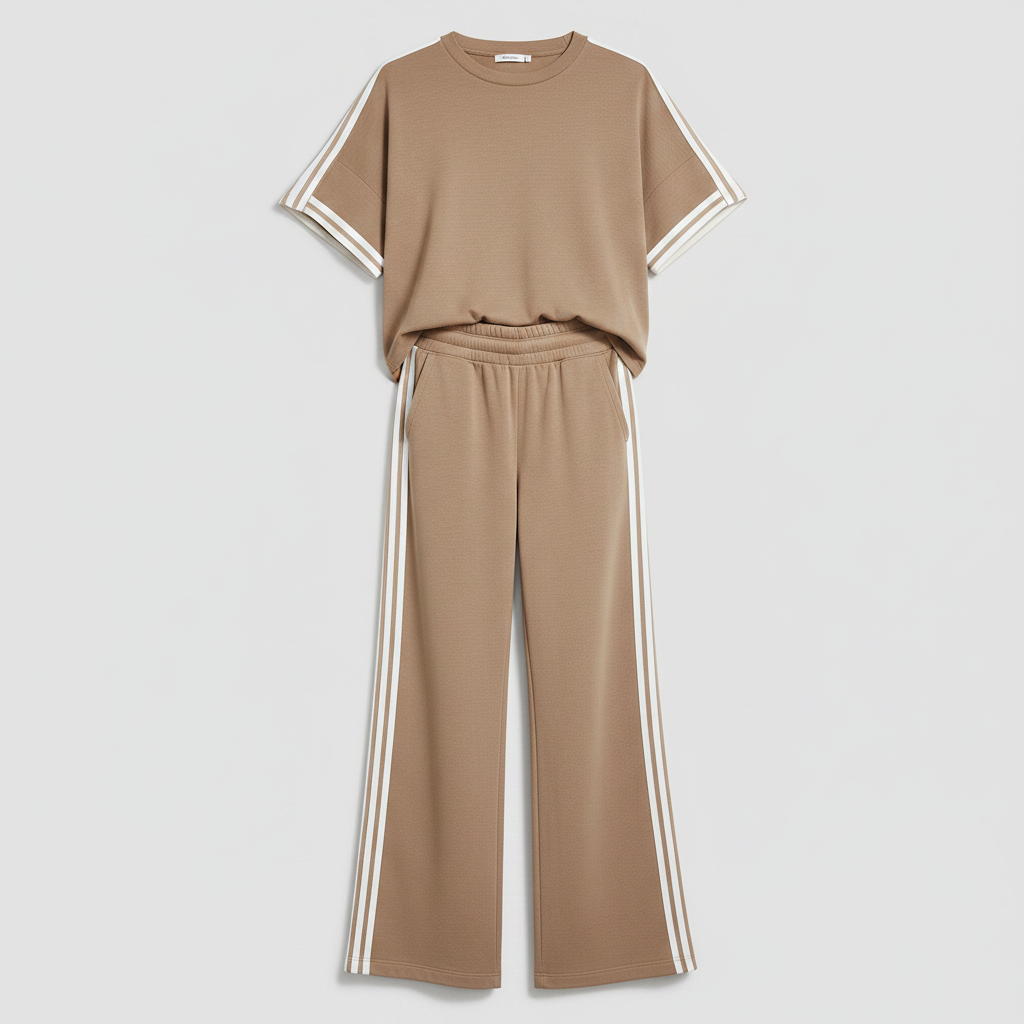 Khaki Striped-Trim T-Shirt and Pant Set | Casual Sportswear