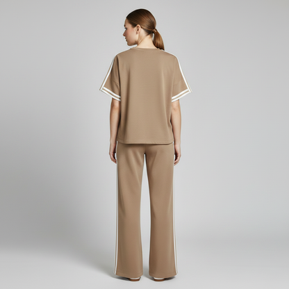 Khaki Striped-Trim T-Shirt and Pant Set | Casual Sportswear
