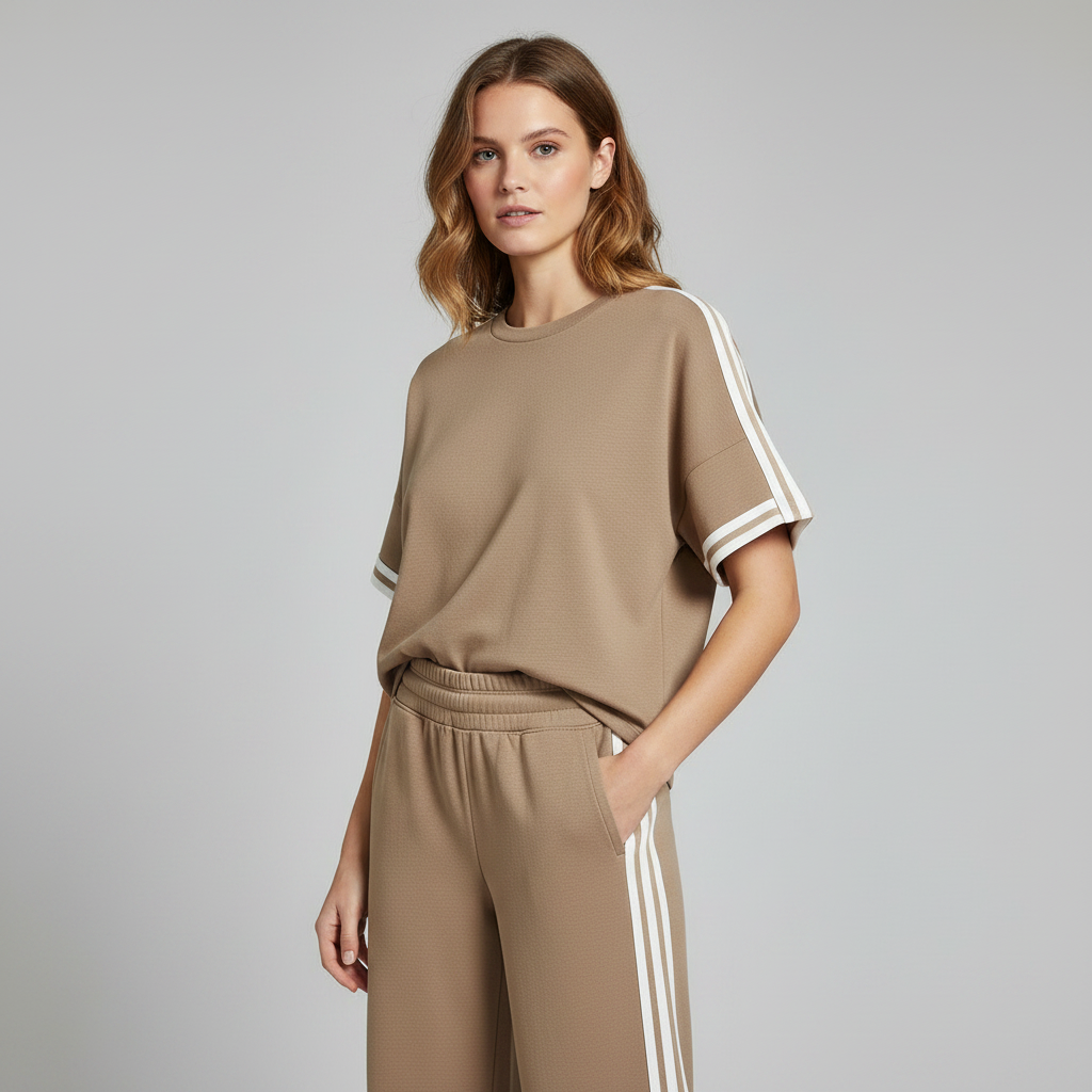 Khaki Striped-Trim T-Shirt and Pant Set | Casual Sportswear