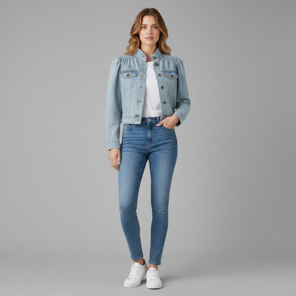Retro Blue Denim Jacket | Women's Jean Jacket with Stand-up Collar