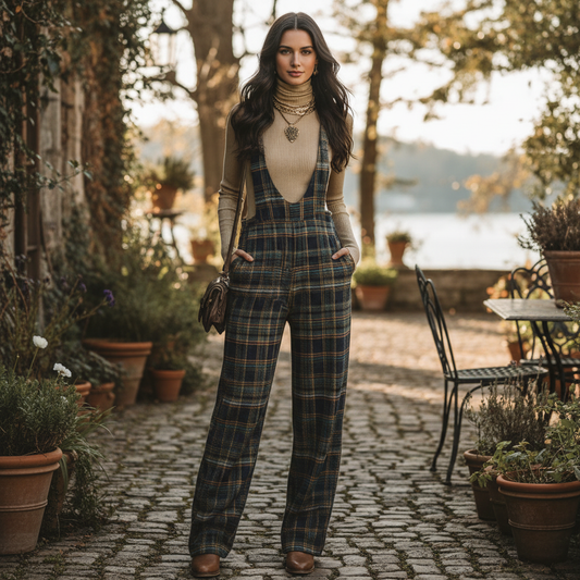 Retro Blue Plaid Overalls for Women | Wide-Leg Casual Wear
