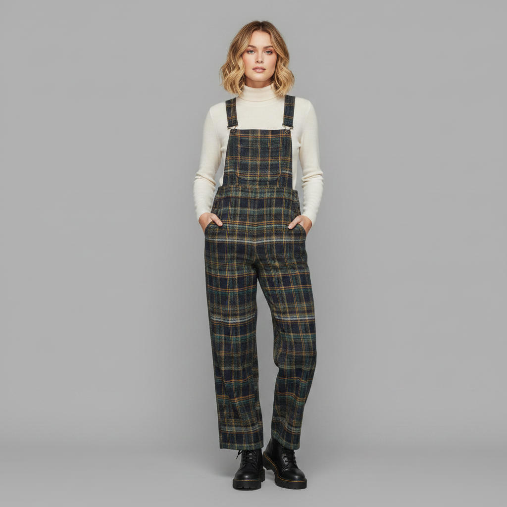Retro Blue Plaid Overalls for Women | Wide-Leg Casual Wear