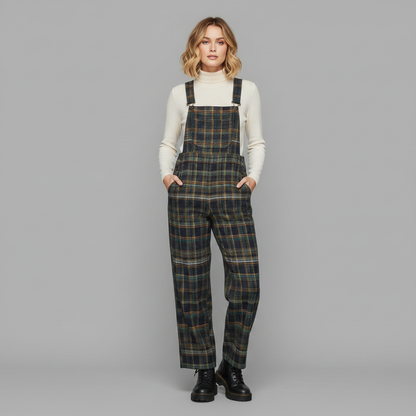 Retro Blue Plaid Overalls for Women | Wide-Leg Casual Wear