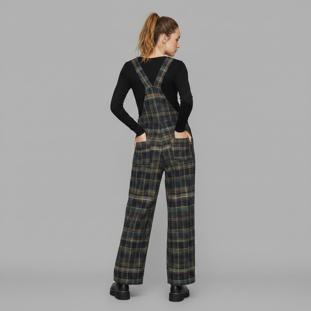 Retro Blue Plaid Overalls for Women | Wide-Leg Casual Wear