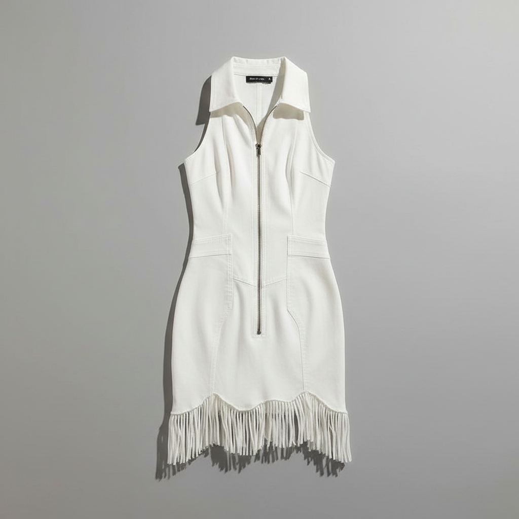 Vintage White Stretch Denim Sleeveless Tassel Mini Dress