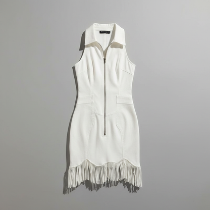 Vintage White Stretch Denim Sleeveless Tassel Mini Dress