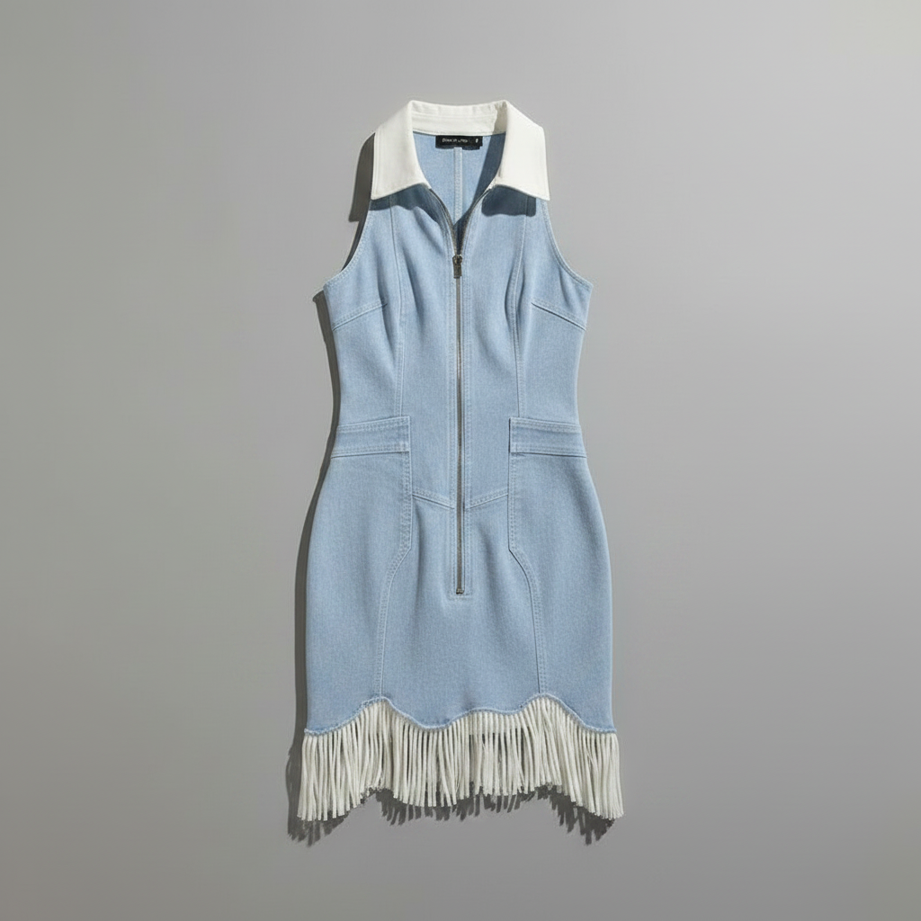 Vintage White Stretch Denim Sleeveless Tassel Mini Dress