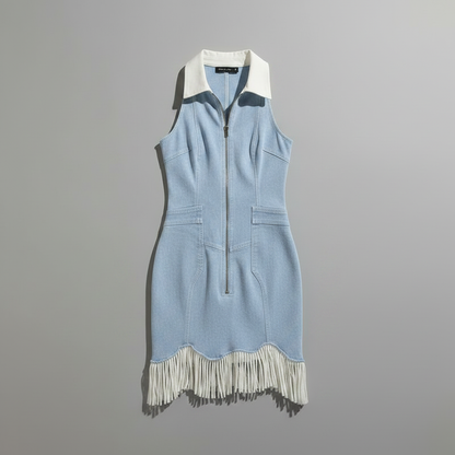 Vintage White Stretch Denim Sleeveless Tassel Mini Dress