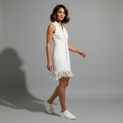 Vintage White Stretch Denim Sleeveless Tassel Mini Dress